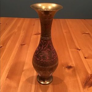 VINTAGE BOHO BRASS VASE MID CENTURY ETCHED w/COLOR